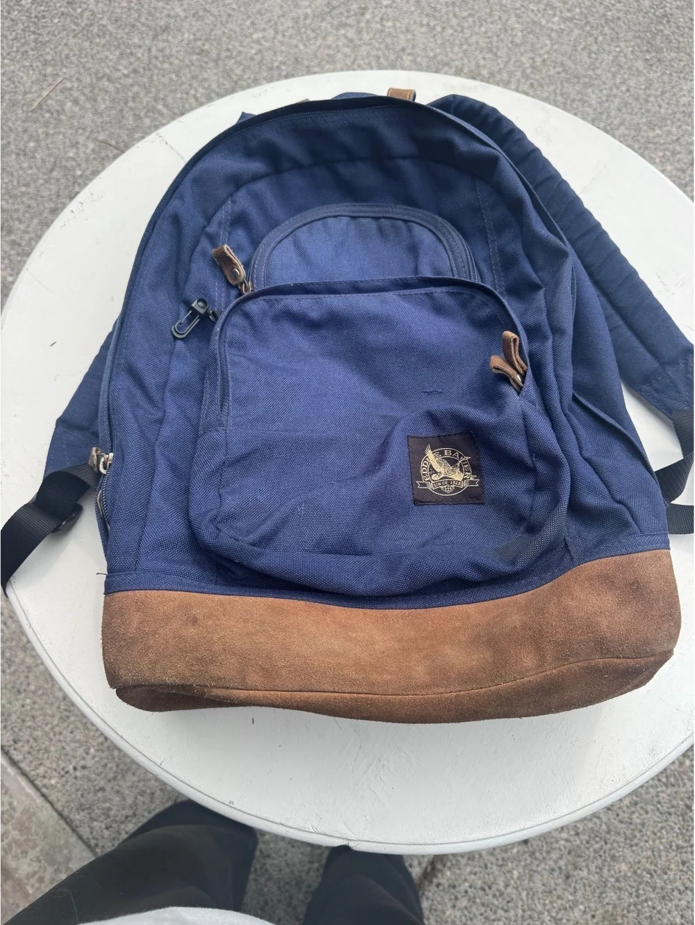 Eddie Bauer Navy Blue Backpack Brown Suede Bottom Multi Pocket School Travel